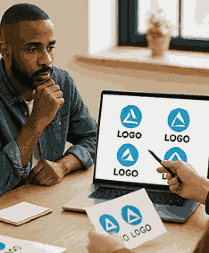 A Pune-based startup team collaborates with a professional logo designer to review creative logo concepts for their brand.
