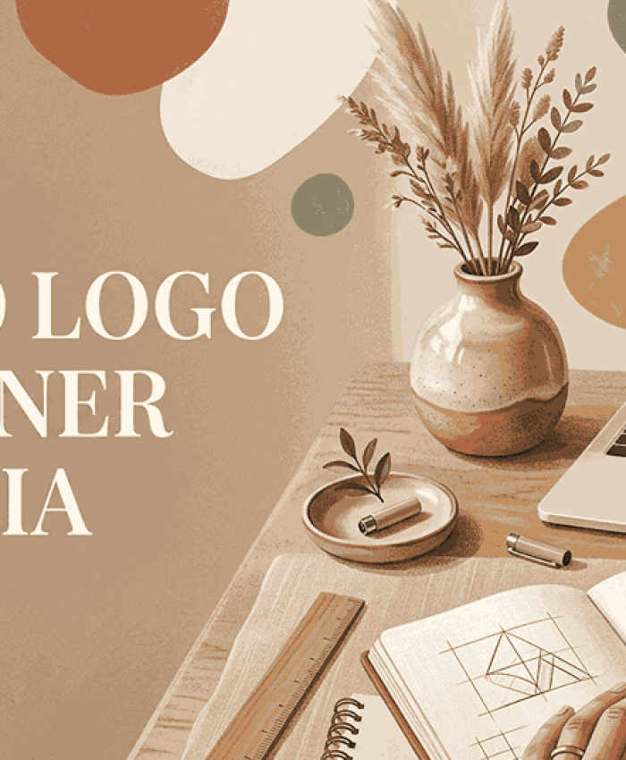 A candid shot of a professional graphic designer in India actively sketching a geometric logo concept in a grid notebook with a fine-liner pen. On the wooden desk, a laptop displays a finished digital logo, next to a ceramic vase with dried pampas grass. The background is a soft beige with abstract shapes. Text overlay reads: "TOP 10 LOGO DESIGNER IN INDIA."