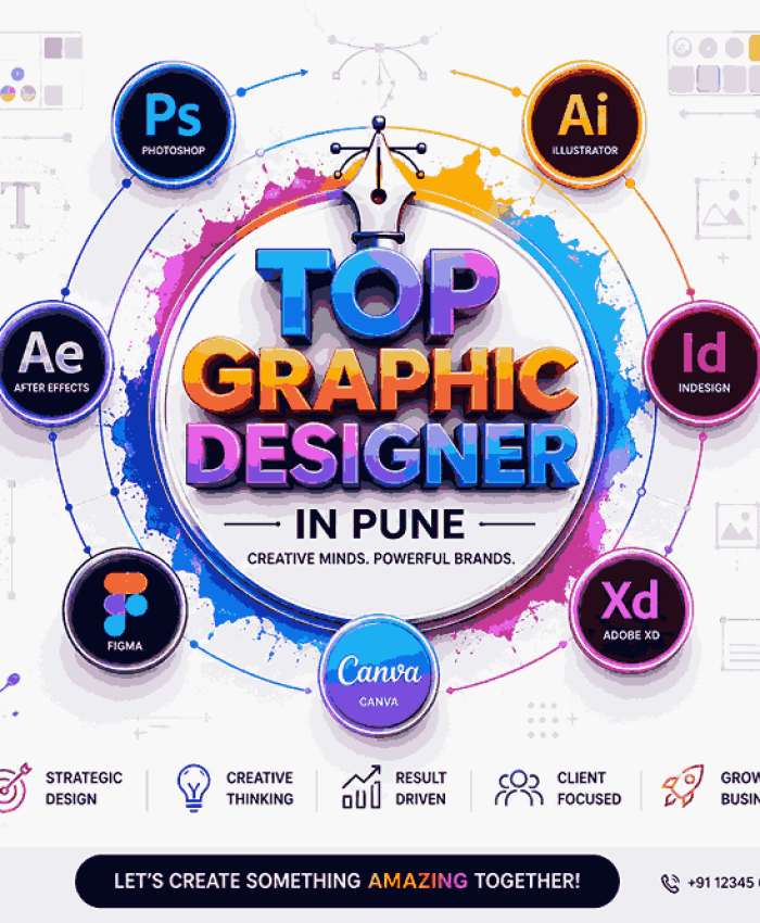 Modern infographic banner featuring graphic design software tools, branding visuals, and vibrant creative workflow elements for businesses in Pune.