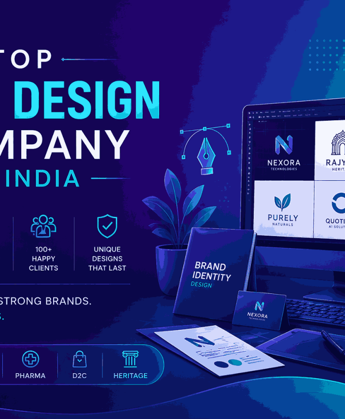 A modern illustrated cover highlighting the top logo design company in India with a vibrant purple, blue, and green gradient theme.