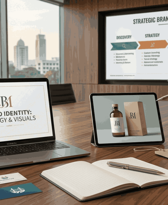 Top logo designer in Pune presenting a strategic brand identity roadmap on digital displays, laptops, tablets, and product packaging mockups