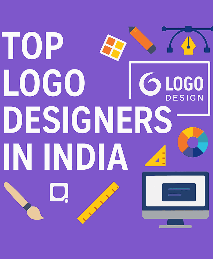 A creative purple cover graphic featuring the title “Top Logo Designers in India,” surrounded by flat illustration icons representing logo design tools and modern branding elements.