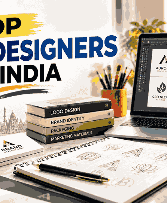 Top logo designers in India showcasing creative logo concepts on a laptop, logo sketchbook, business cards, branding books, and color palette.