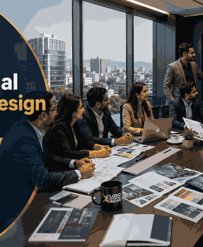 Professional brochure design agency in Pune presenting brochure concepts during a client meeting with Logo Designer India branding.