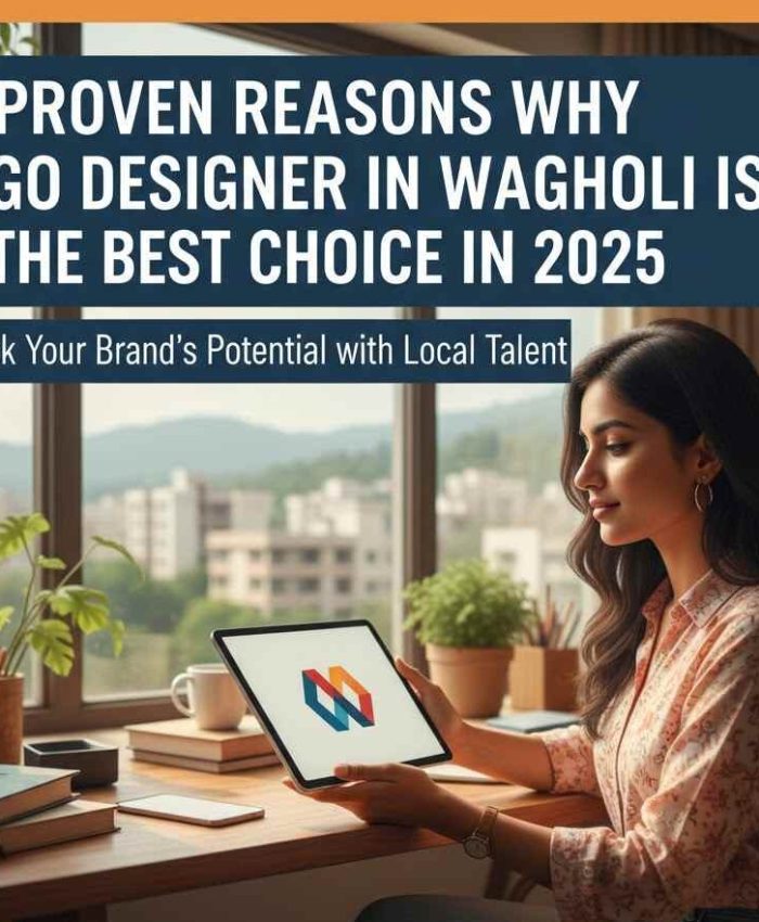 Logo Designer Wagholi: Professional woman designing modern logo on tablet in contemporary office, connecting local business talent in Pune for 2025.